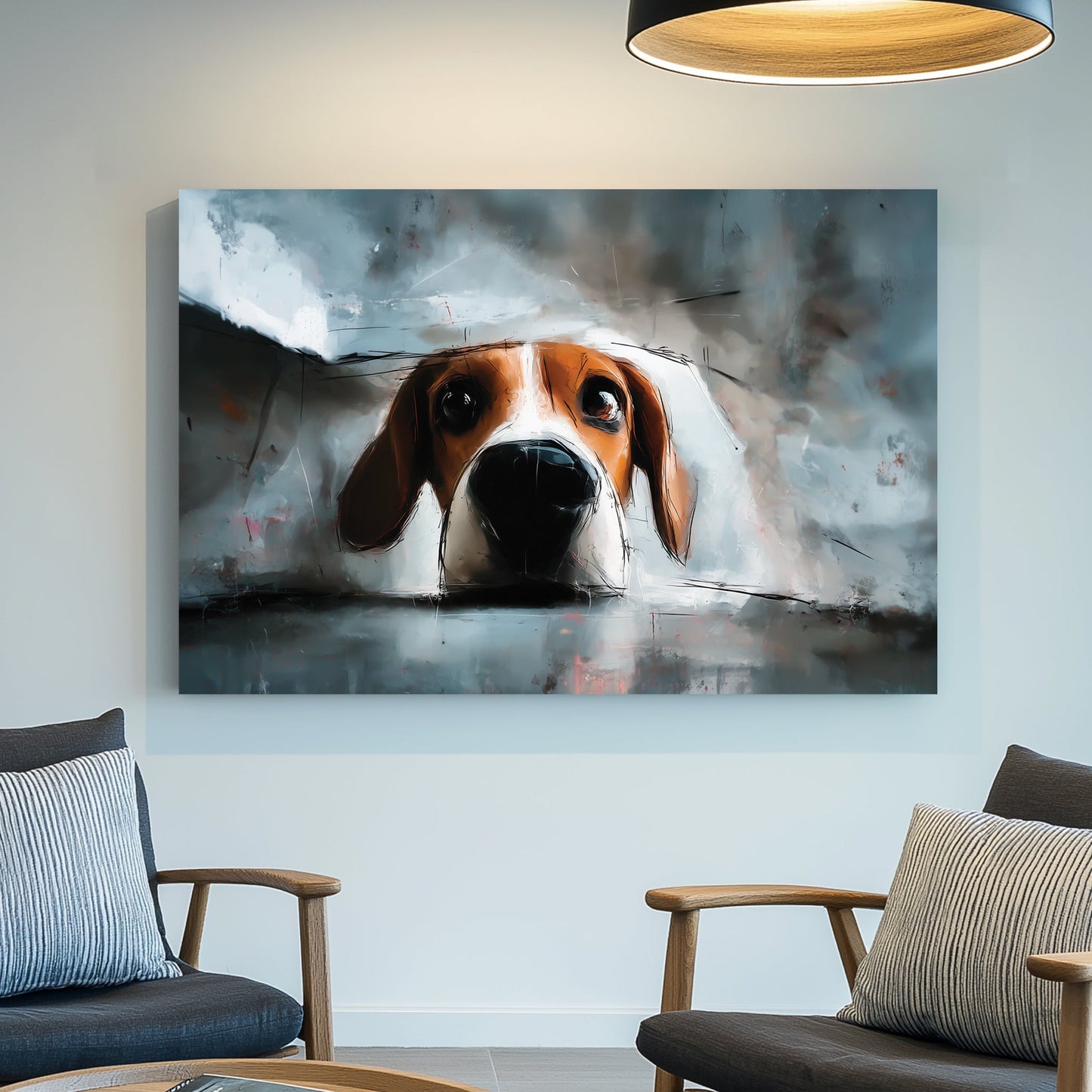 playful beagle puppy peeking over edge digital painting
