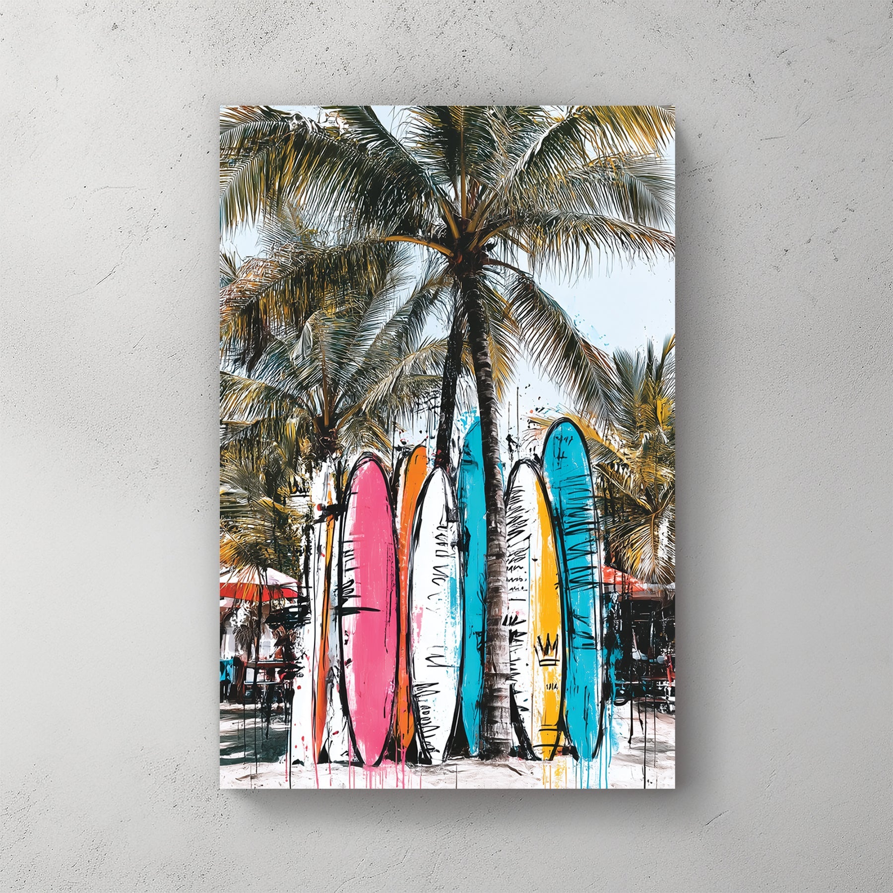 surfboards against palm trees graffiti beach painting