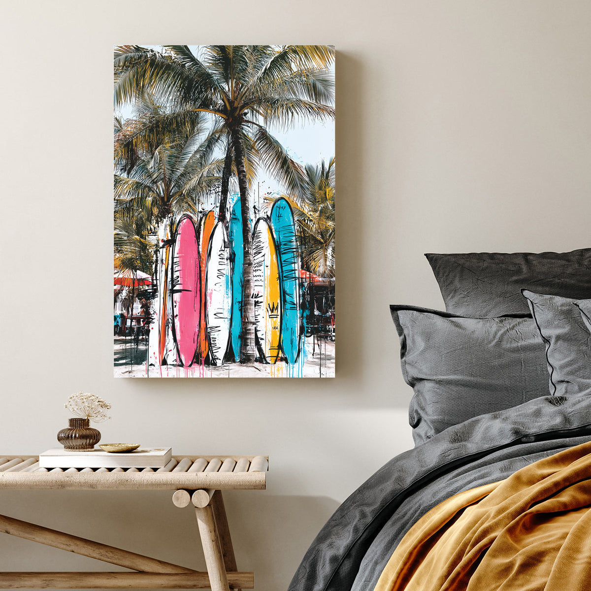 surfboards against palm trees graffiti beach painting