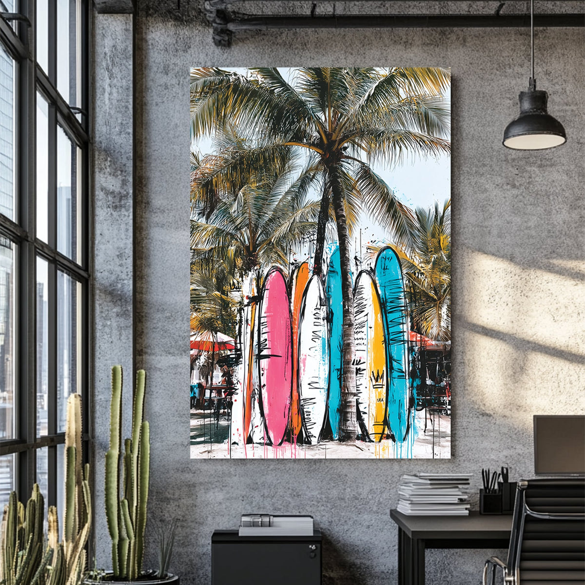 surfboards against palm trees graffiti beach painting