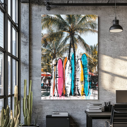 surfboards against palm trees graffiti beach painting