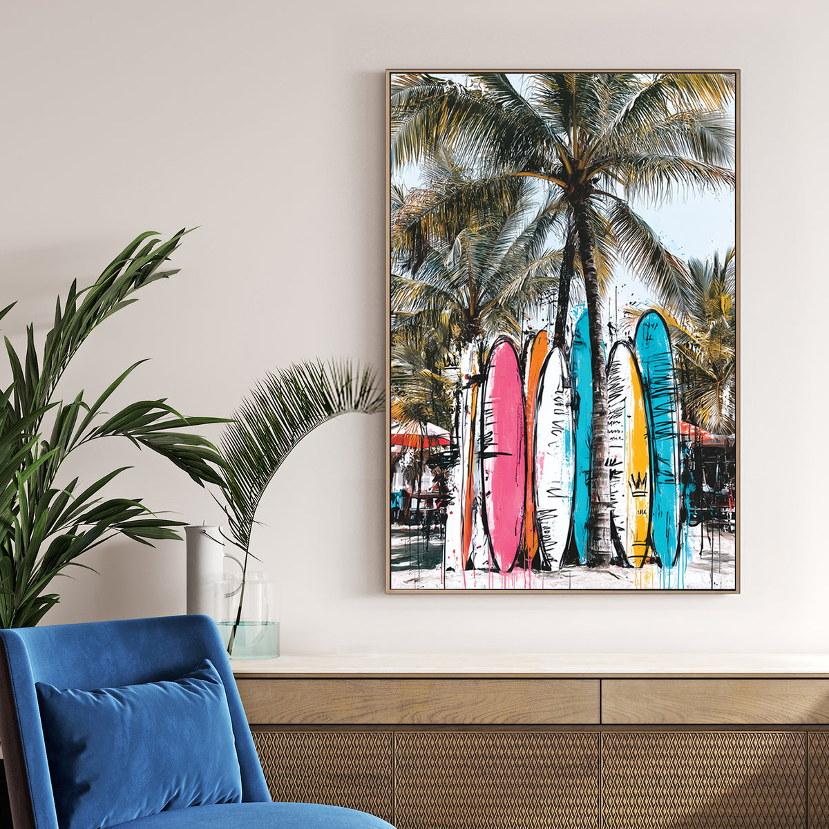 surfboards against palm trees graffiti beach painting