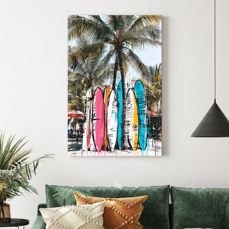 surfboards against palm trees graffiti beach painting