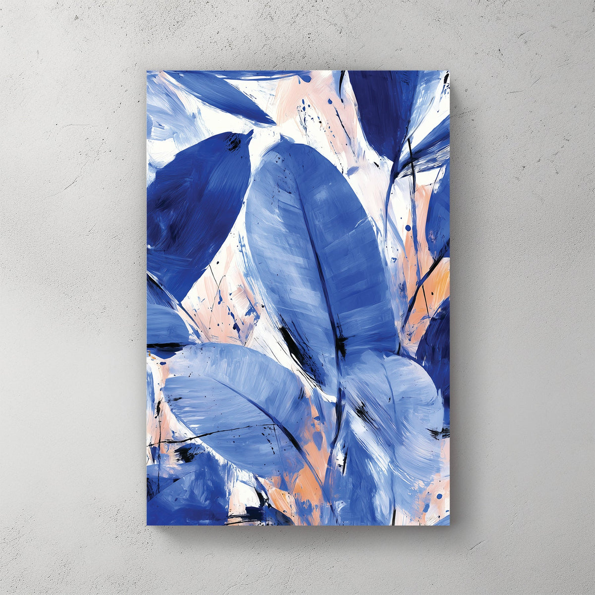 blue abstract leaf painting with peach accents