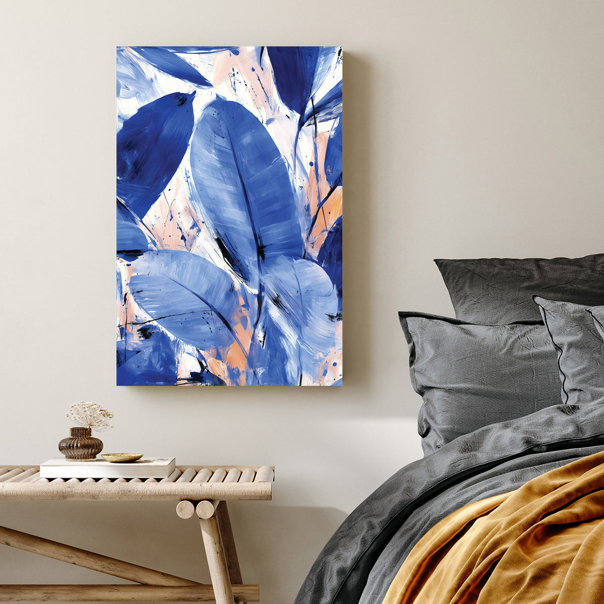 blue abstract leaf painting with peach accents