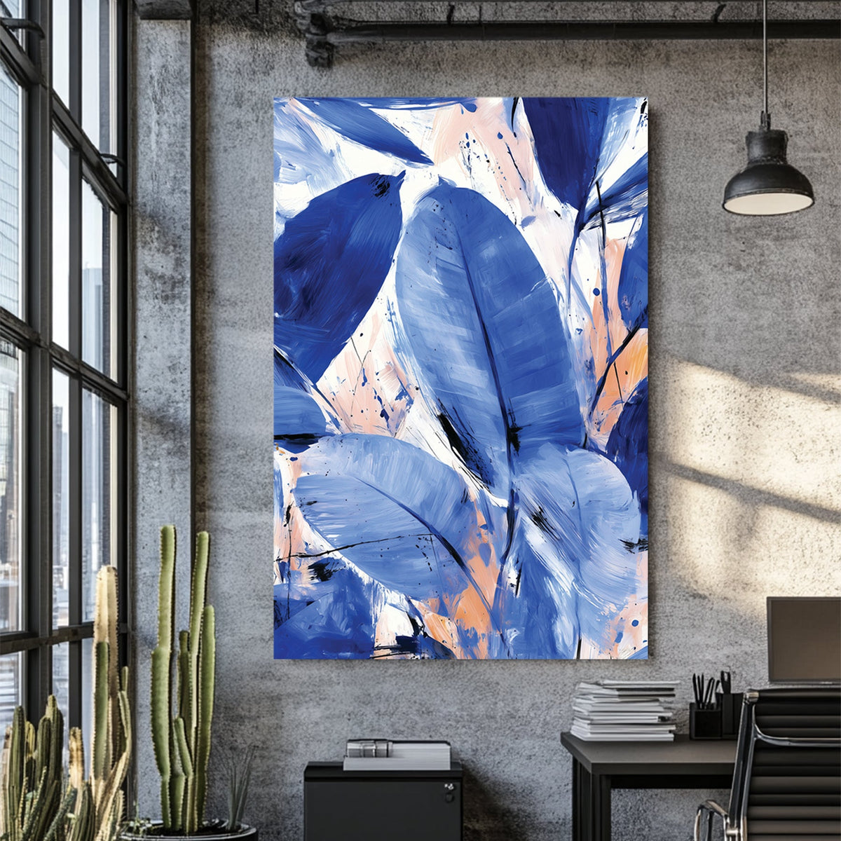 blue abstract leaf painting with peach accents