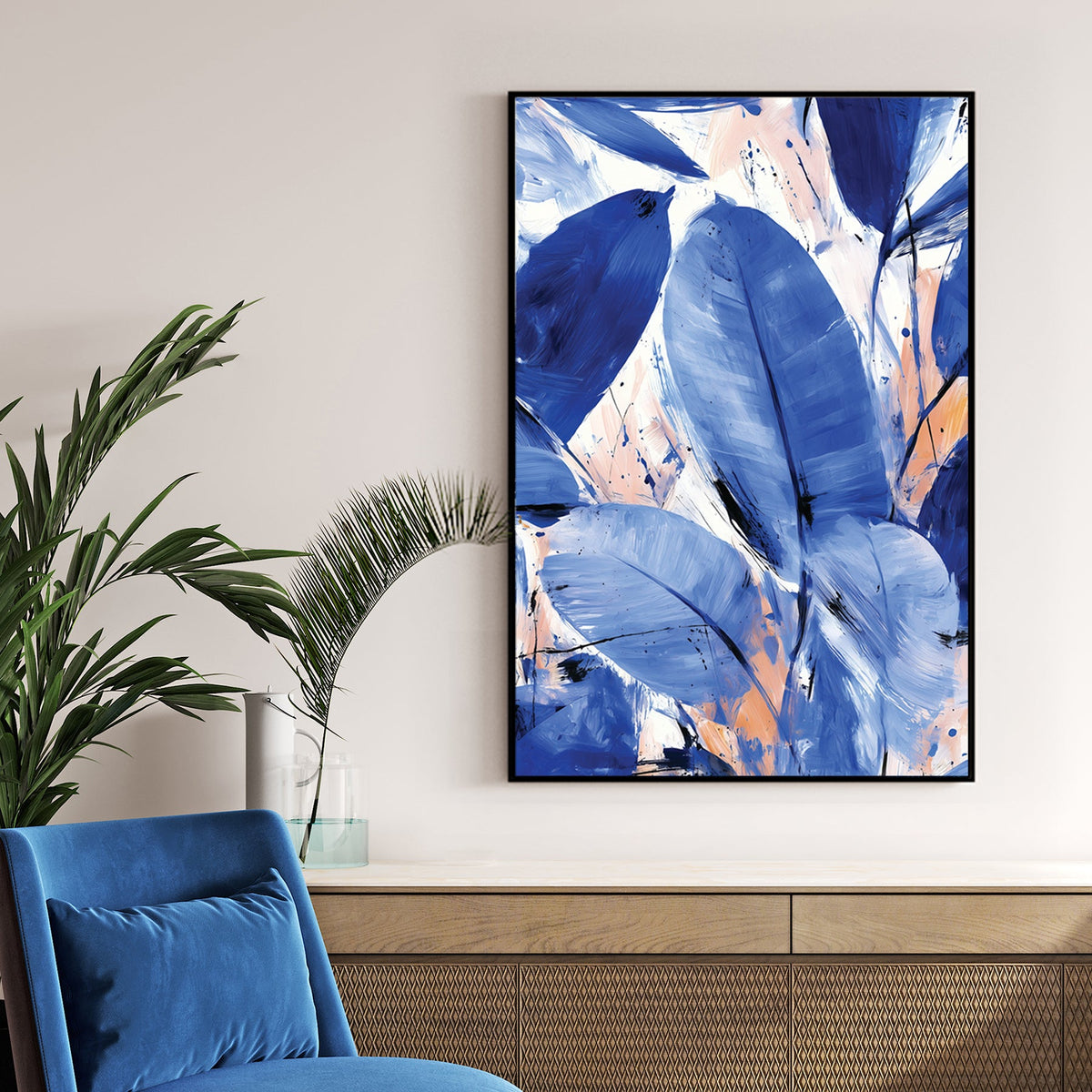 blue abstract leaf painting with peach accents