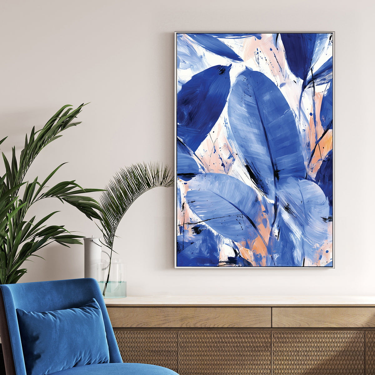 blue abstract leaf painting with peach accents