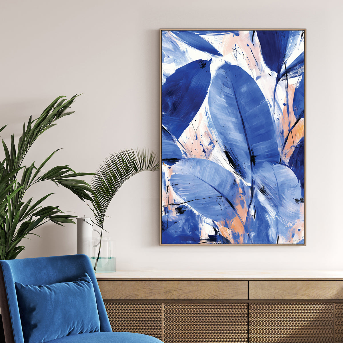 blue abstract leaf painting with peach accents