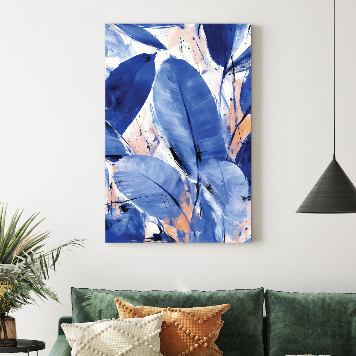 blue abstract leaf painting with peach accents