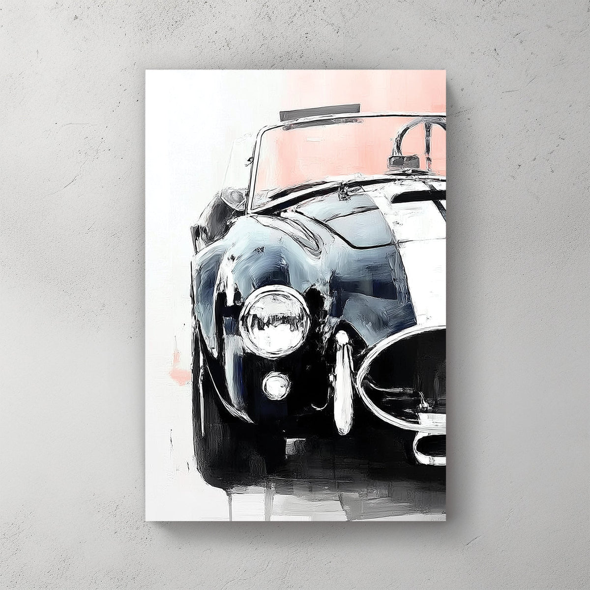 painting of a Shelby Cobra front view in black and white with red accents