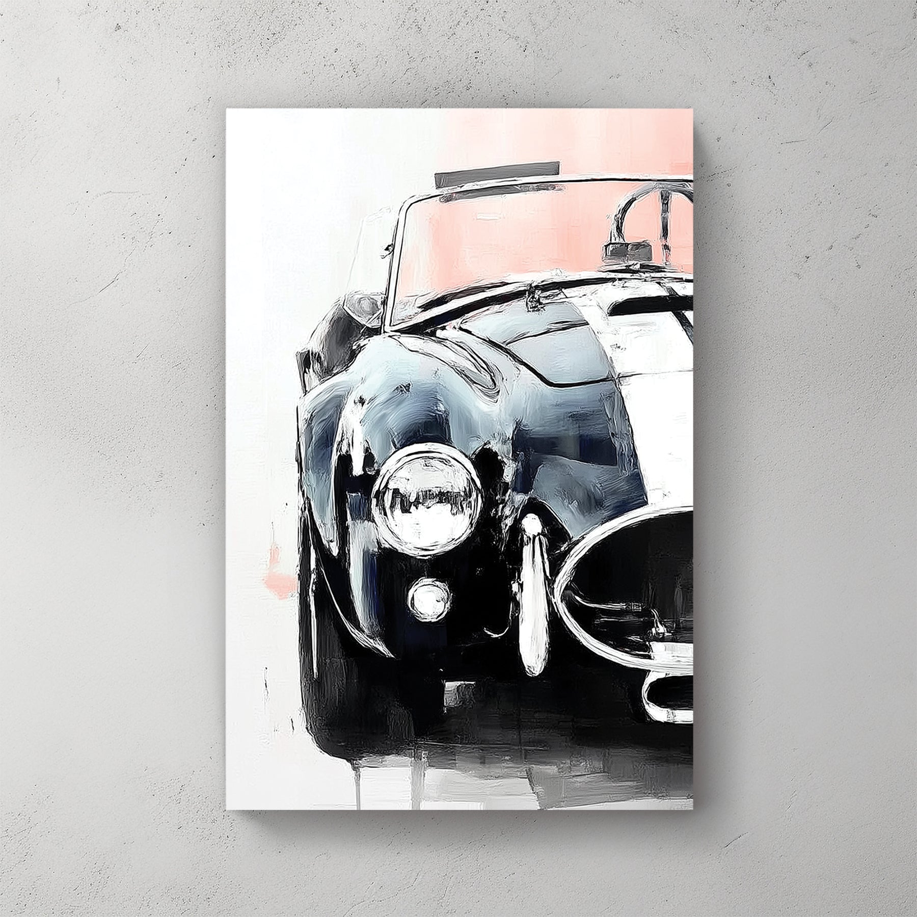 painting of a Shelby Cobra front view in black and white with red accents