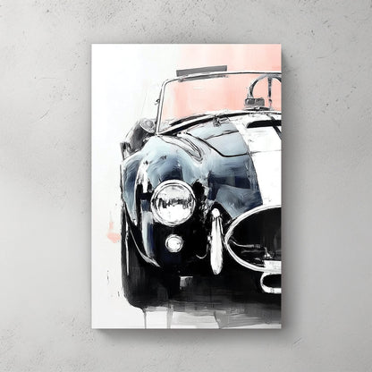 painting of a Shelby Cobra front view in black and white with red accents