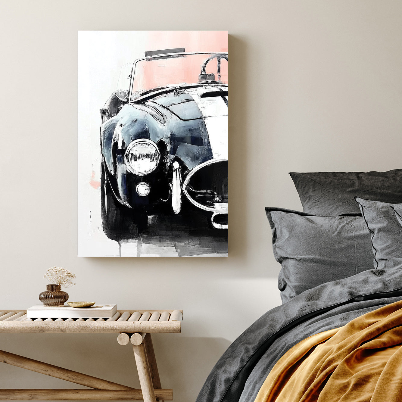 painting of a Shelby Cobra front view in black and white with red accents