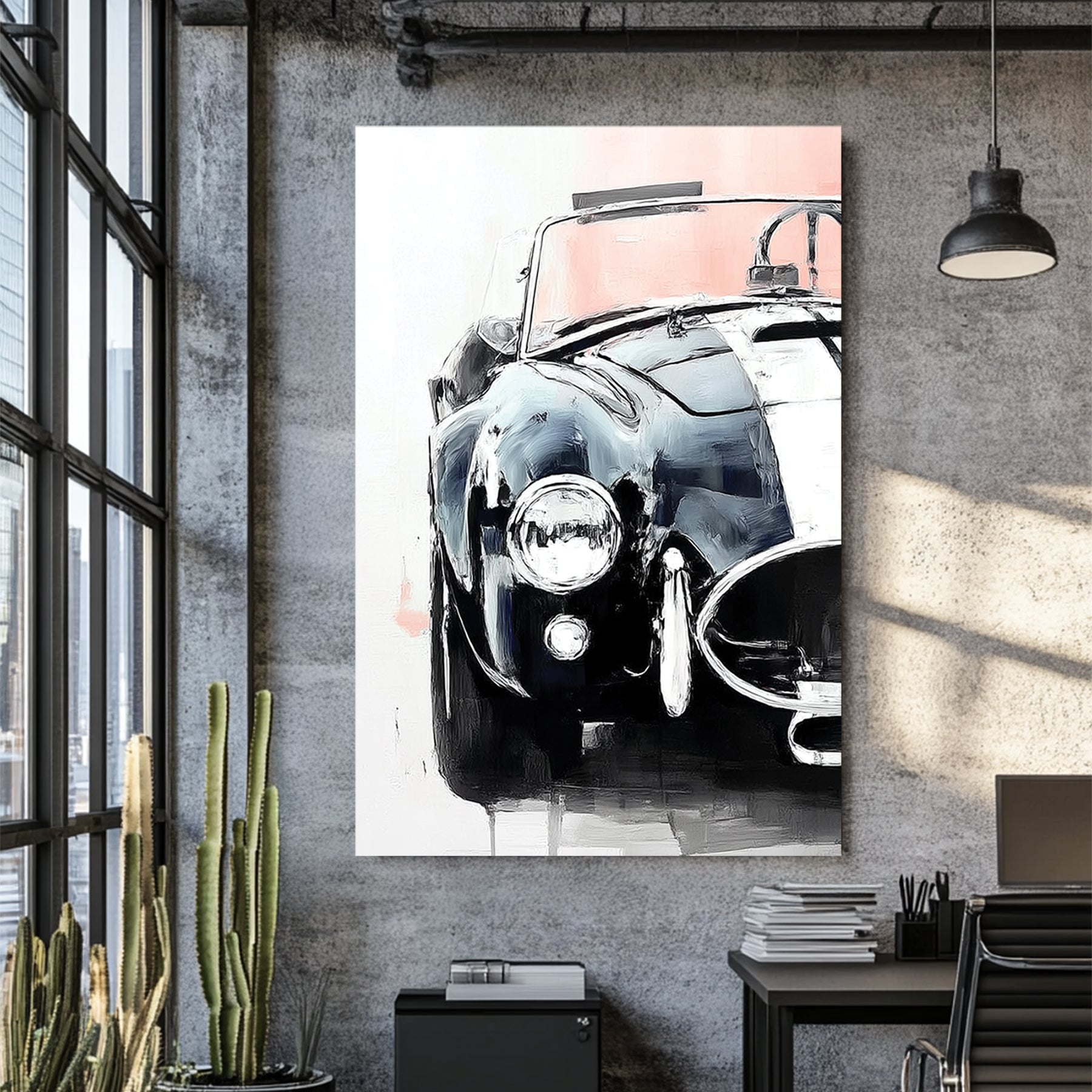 painting of a Shelby Cobra front view in black and white with red accents