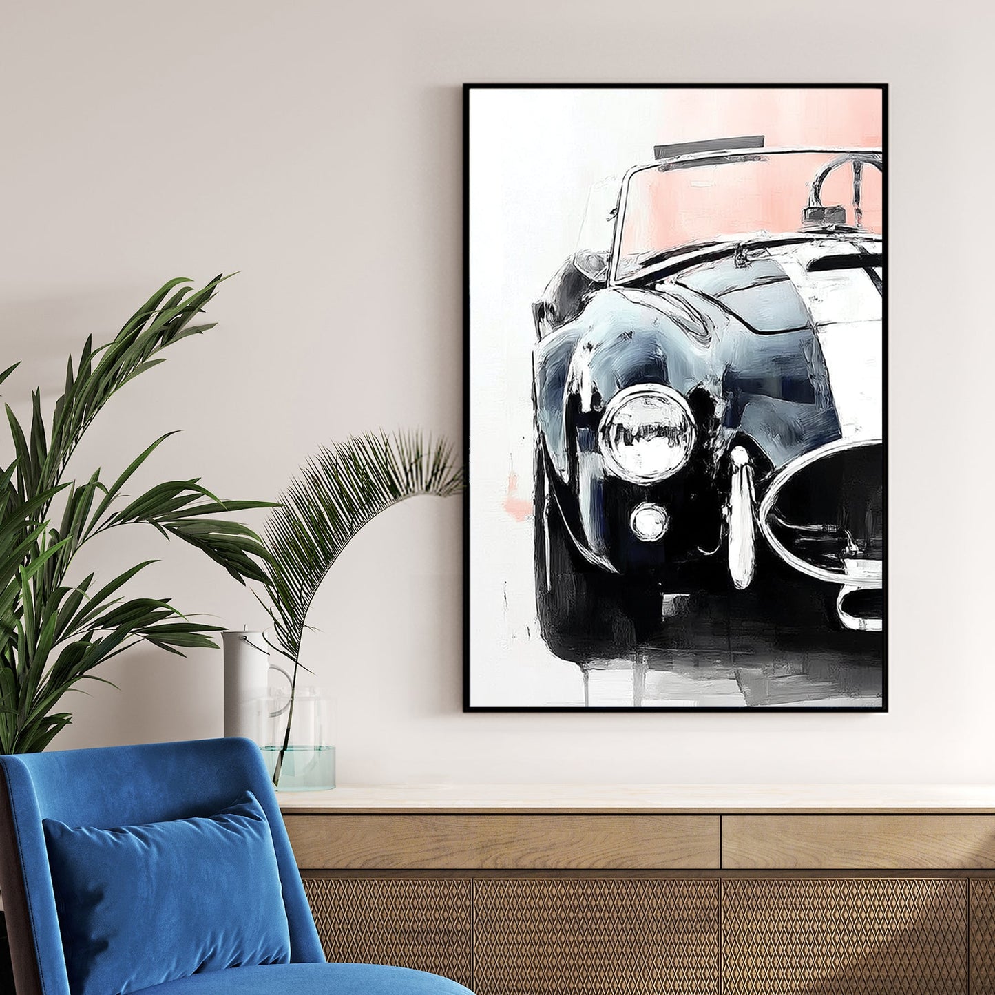 painting of a Shelby Cobra front view in black and white with red accents
