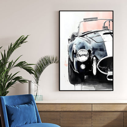 painting of a Shelby Cobra front view in black and white with red accents