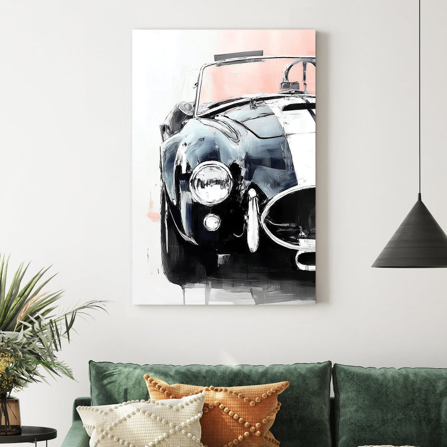 painting of a Shelby Cobra front view in black and white with red accents