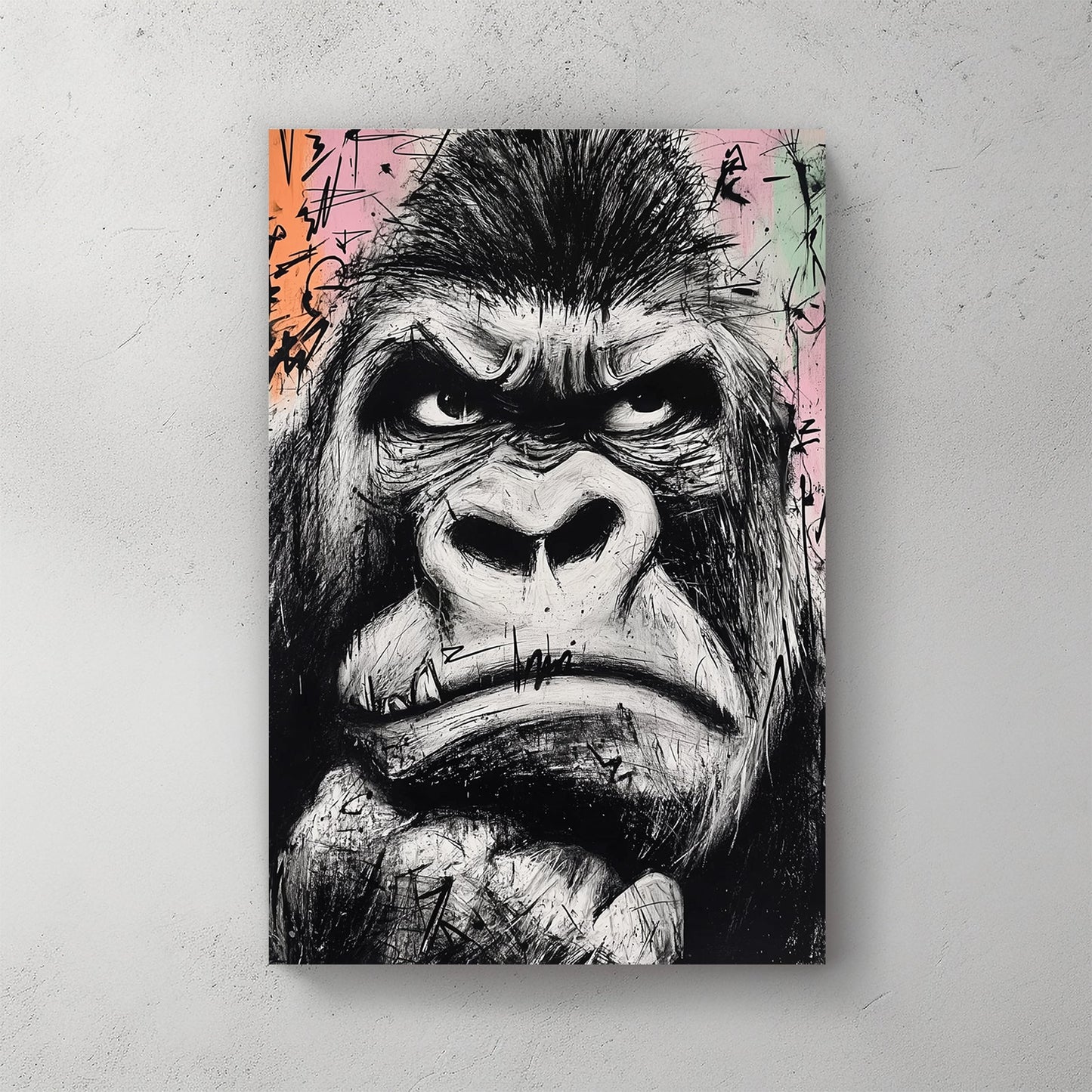 gritty black and white graffiti-style gorilla face painting on pastel background