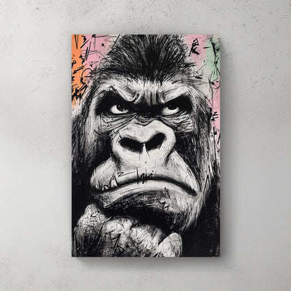 gritty black and white graffiti-style gorilla face painting on pastel background