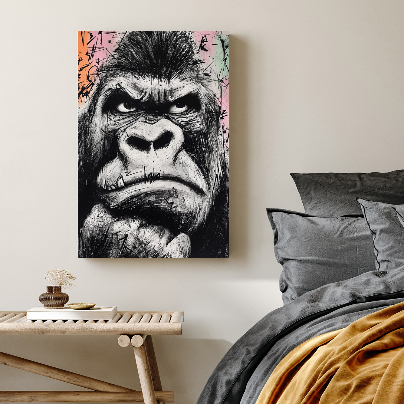 gritty black and white graffiti-style gorilla face painting on pastel background
