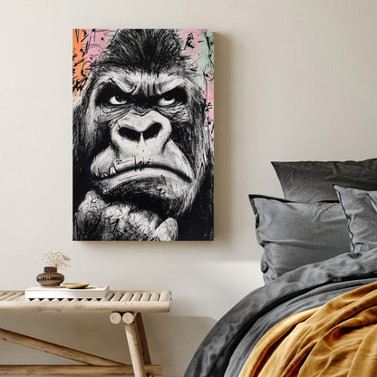 gritty black and white graffiti-style gorilla face painting on pastel background