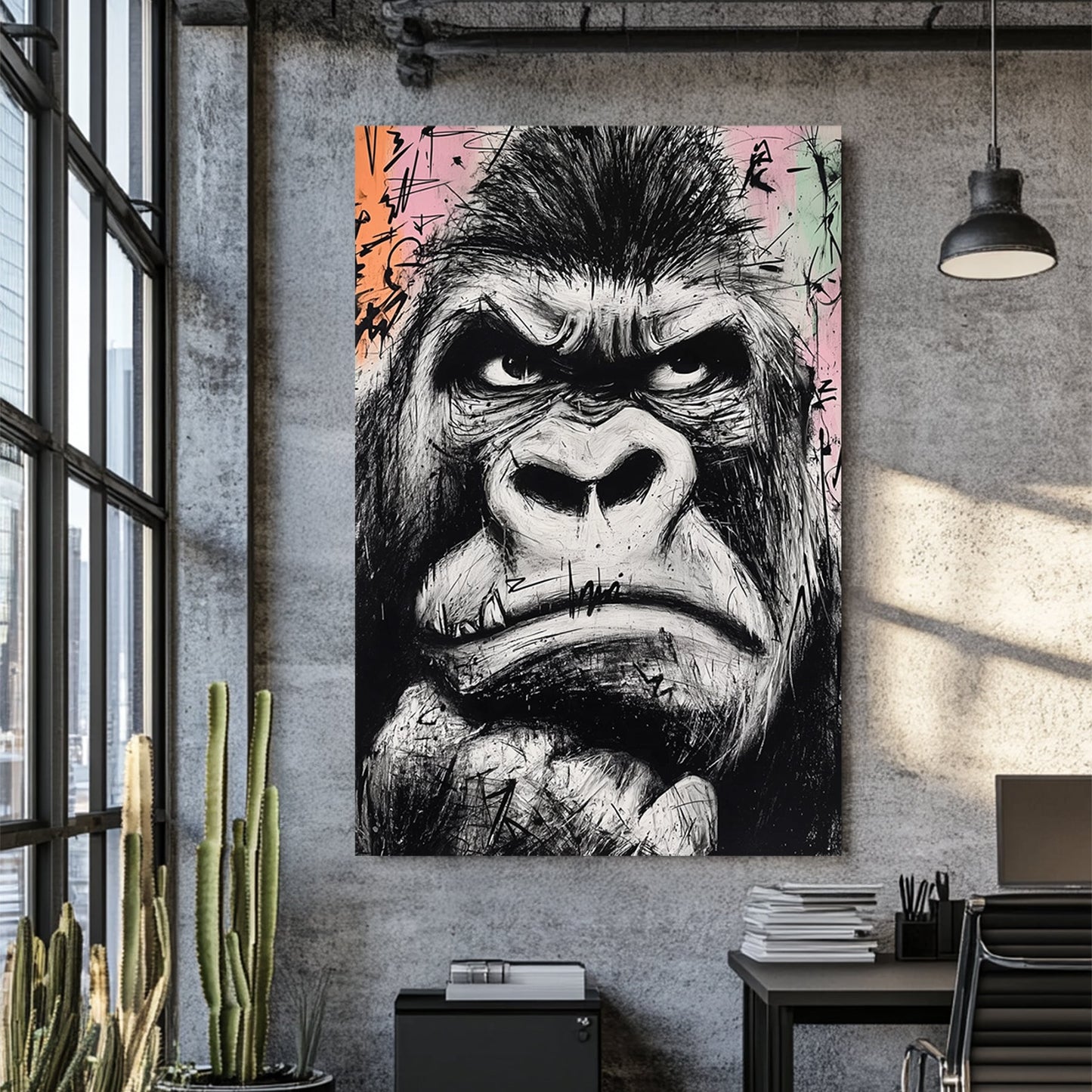 gritty black and white graffiti-style gorilla face painting on pastel background