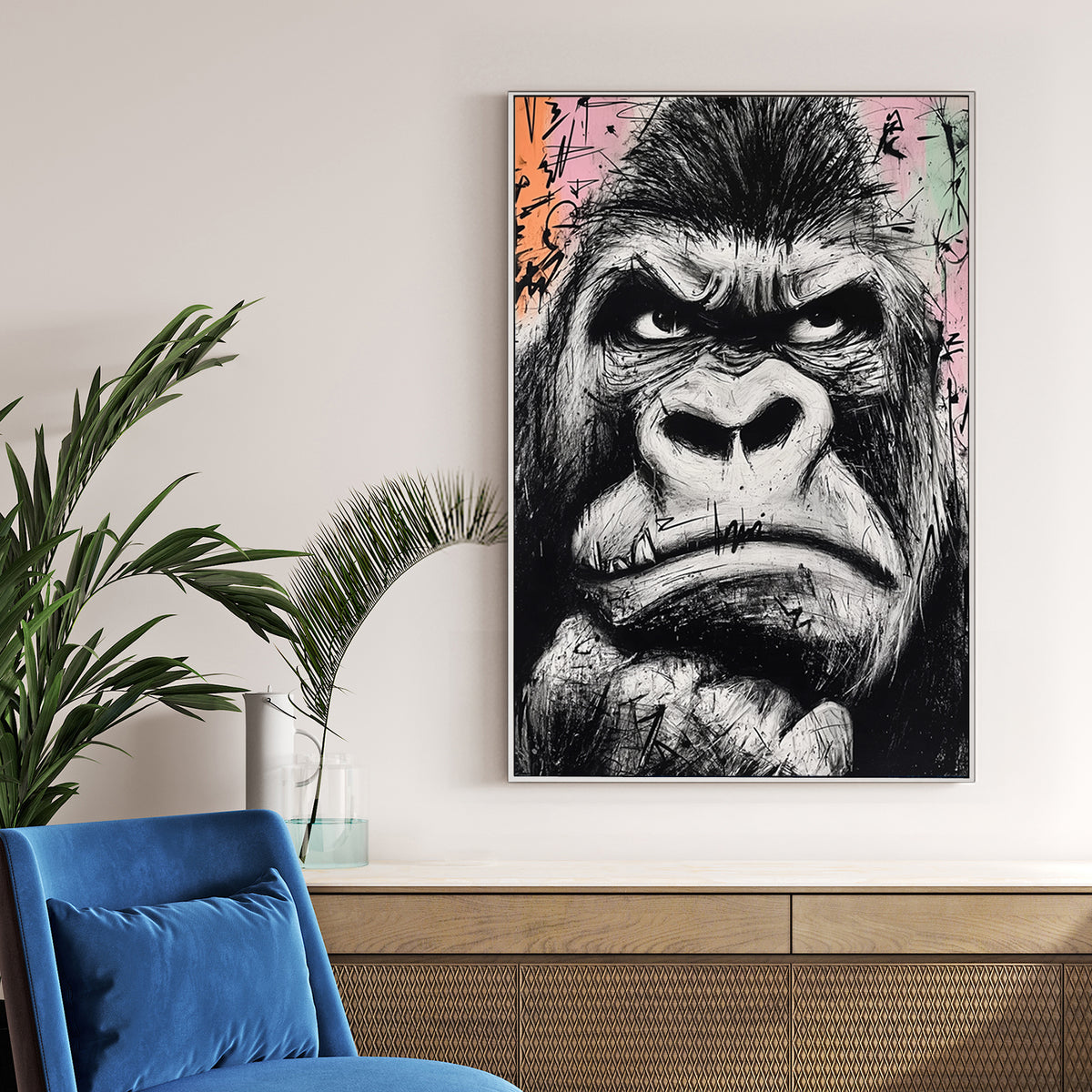gritty black and white graffiti-style gorilla face painting on pastel background