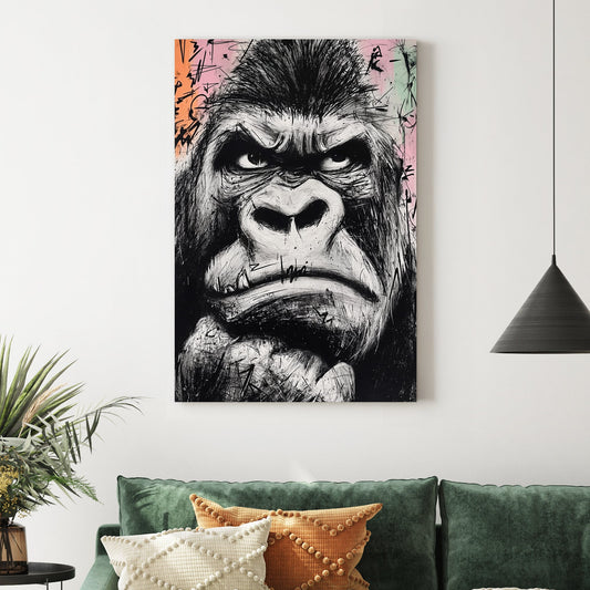 gritty black and white graffiti-style gorilla face painting on pastel background
