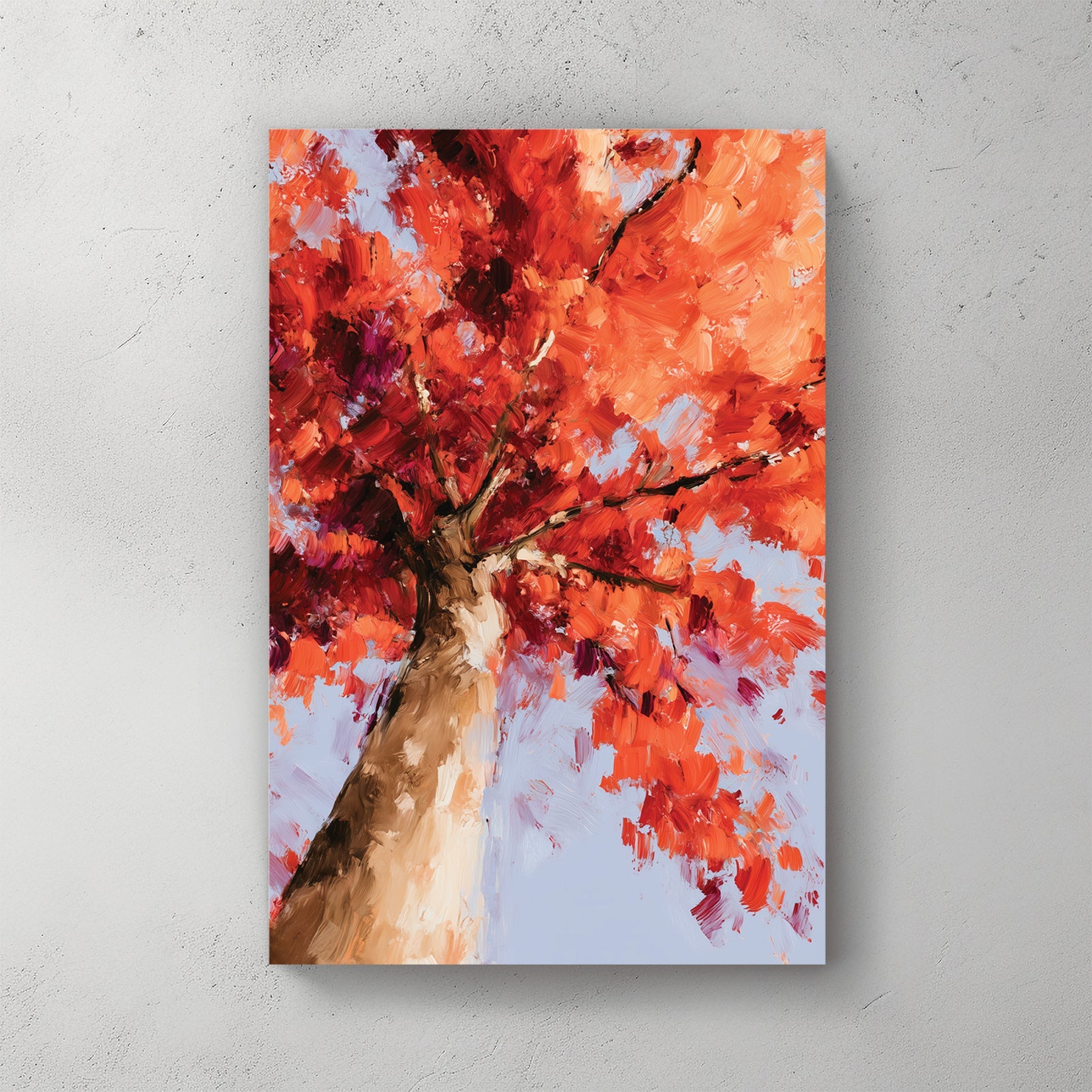 vivid autumn tree with red and orange leaves painted in oil style from below