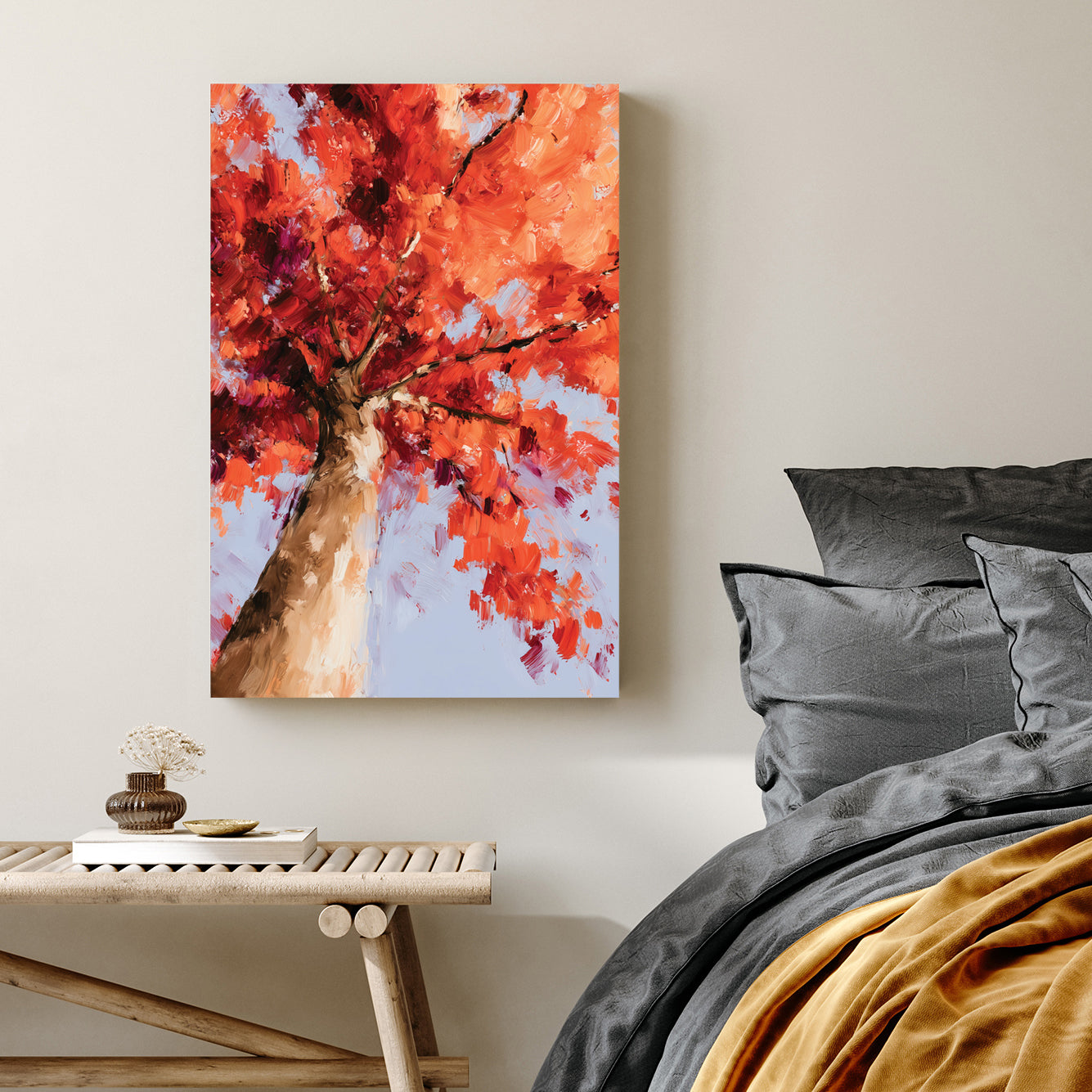 vivid autumn tree with red and orange leaves painted in oil style from below