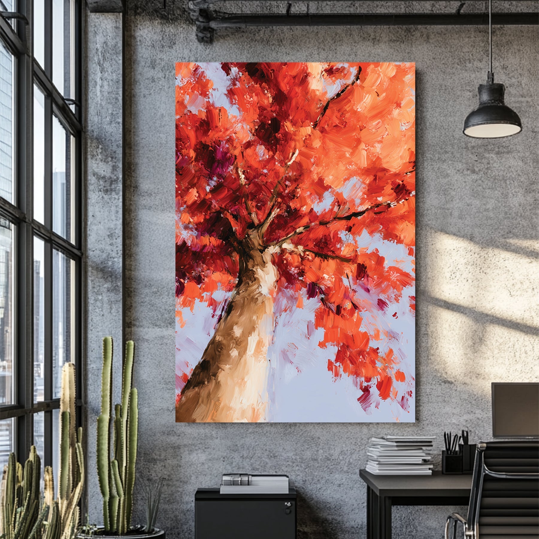 vivid autumn tree with red and orange leaves painted in oil style from below