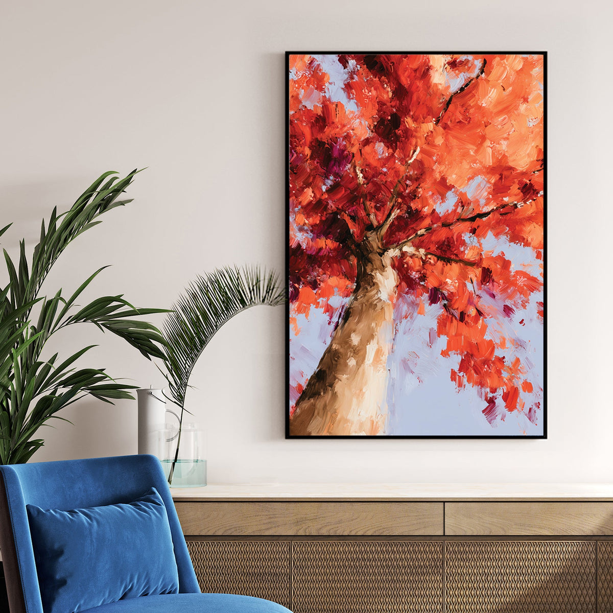 vivid autumn tree with red and orange leaves painted in oil style from below