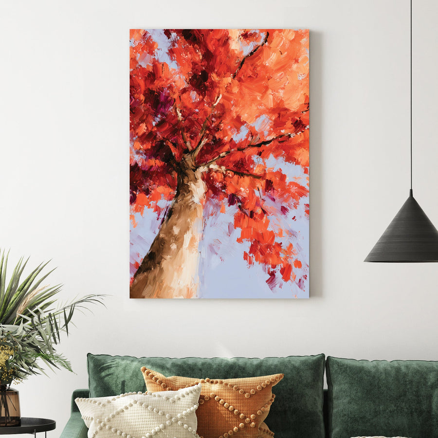 vivid autumn tree with red and orange leaves painted in oil style from below