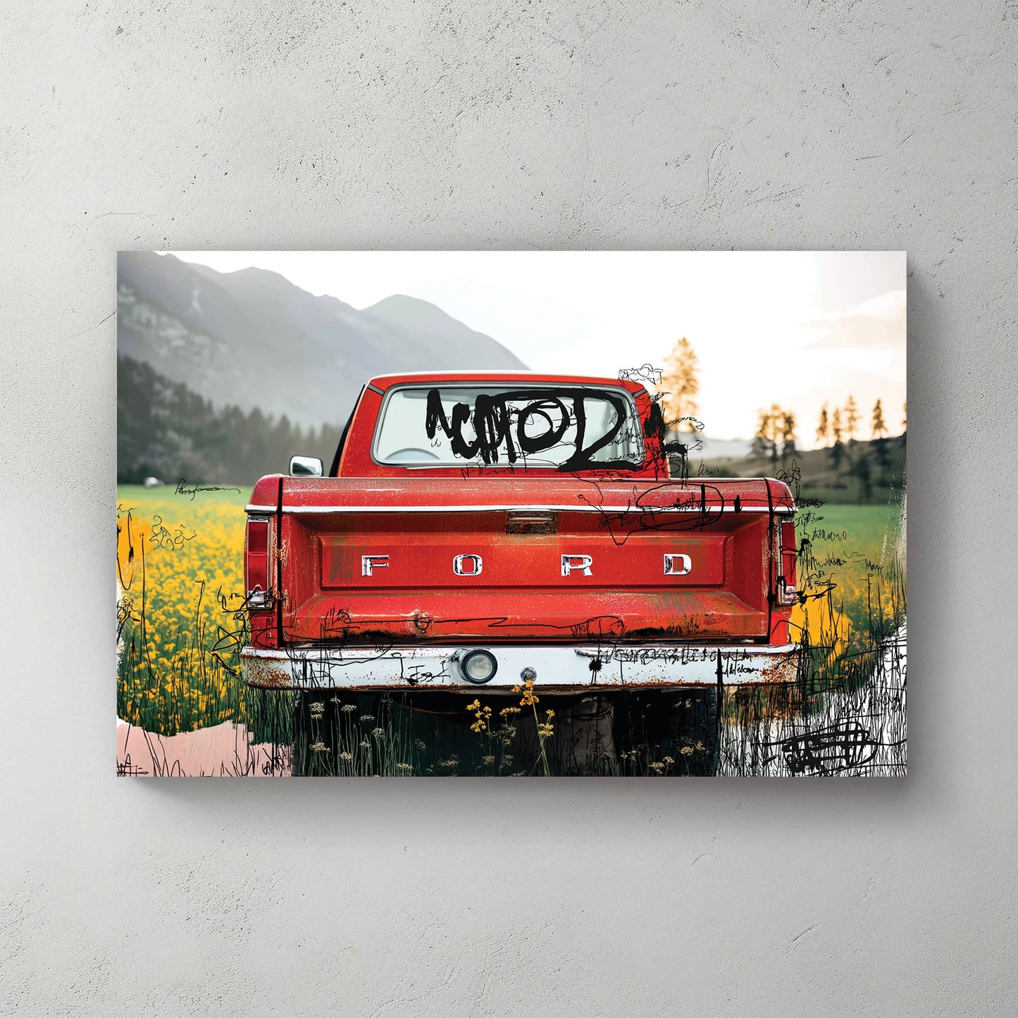 red Ford truck in countryside with graffiti overlay and fall tones