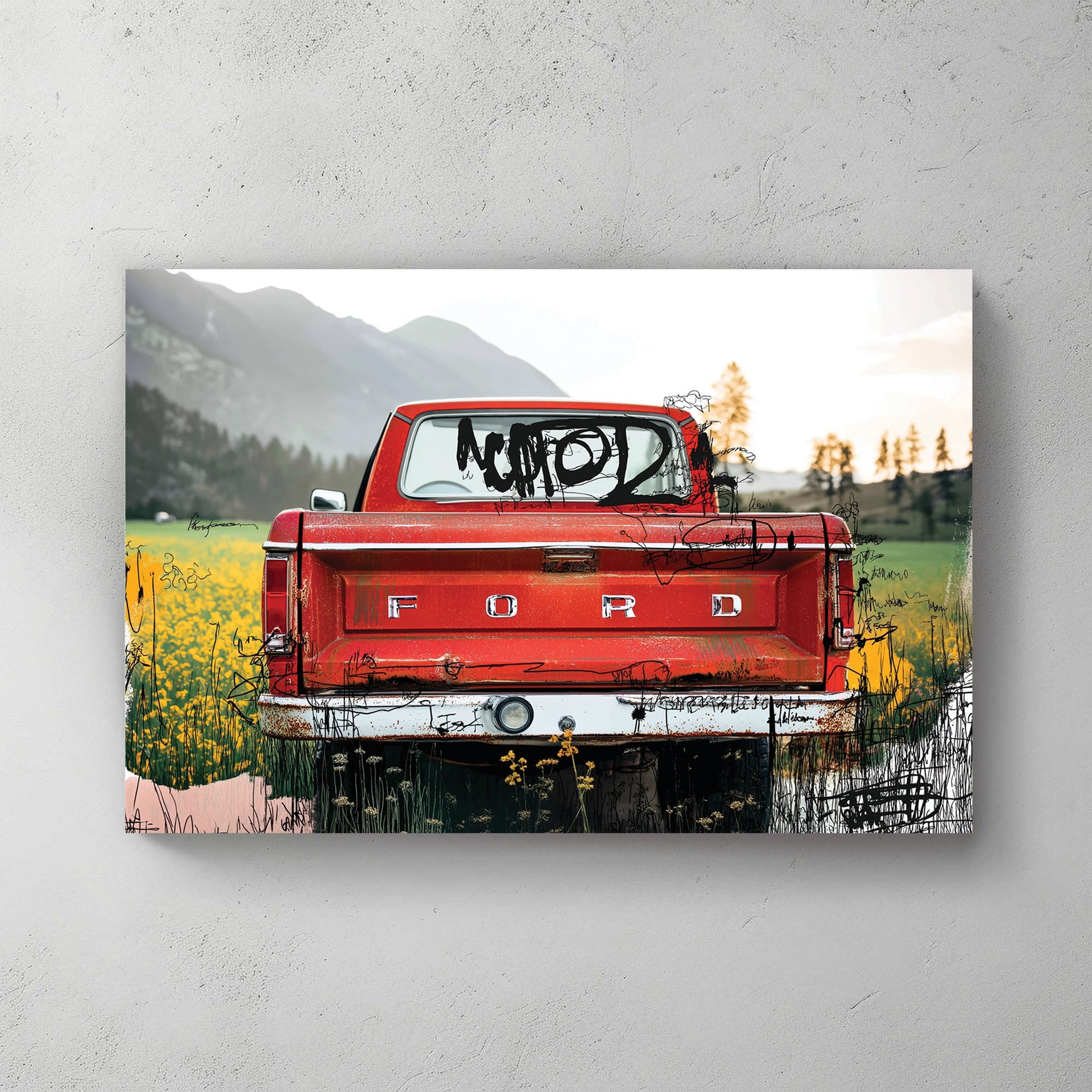 red Ford truck in countryside with graffiti overlay and fall tones