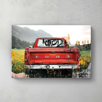 red Ford truck in countryside with graffiti overlay and fall tones