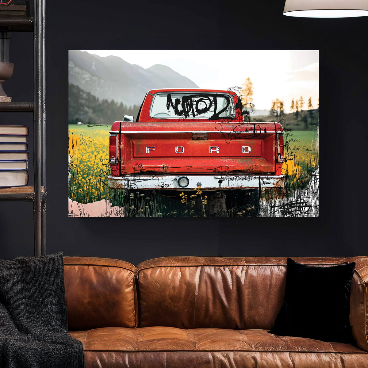 red Ford truck in countryside with graffiti overlay and fall tones