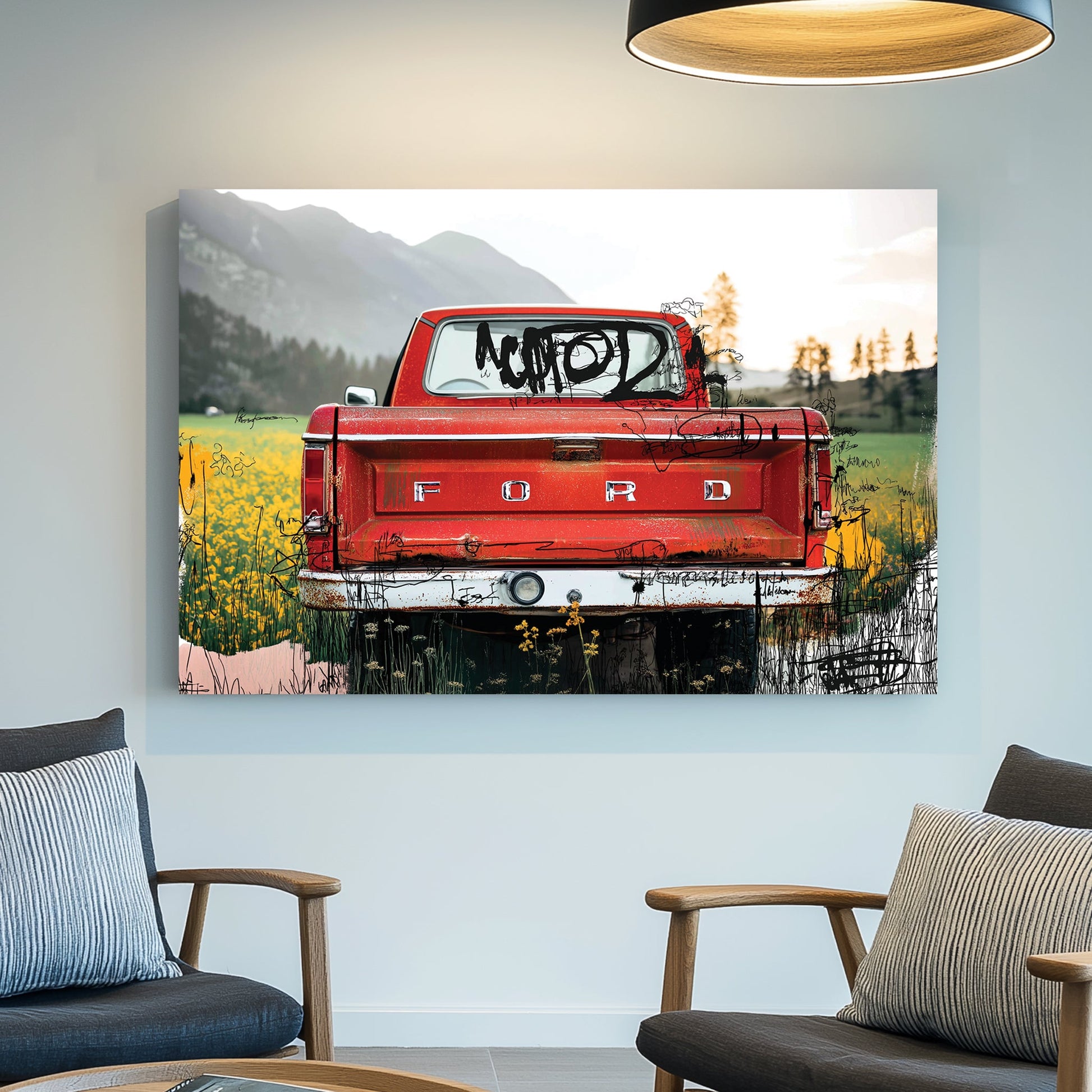 red Ford truck in countryside with graffiti overlay and fall tones
