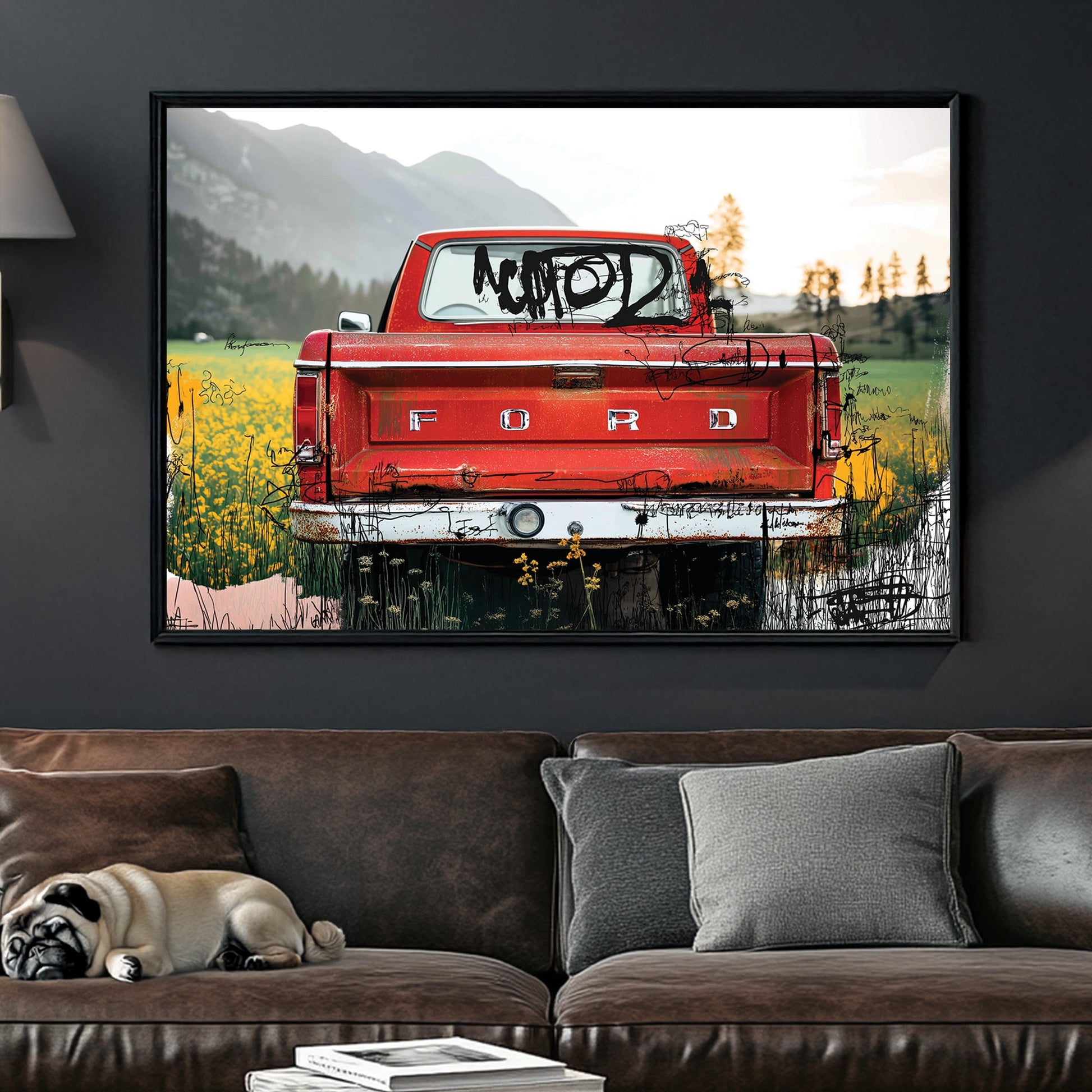 red Ford truck in countryside with graffiti overlay and fall tones