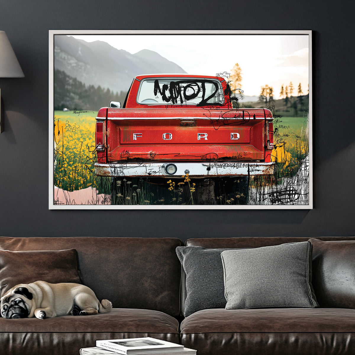 red Ford truck in countryside with graffiti overlay and fall tones