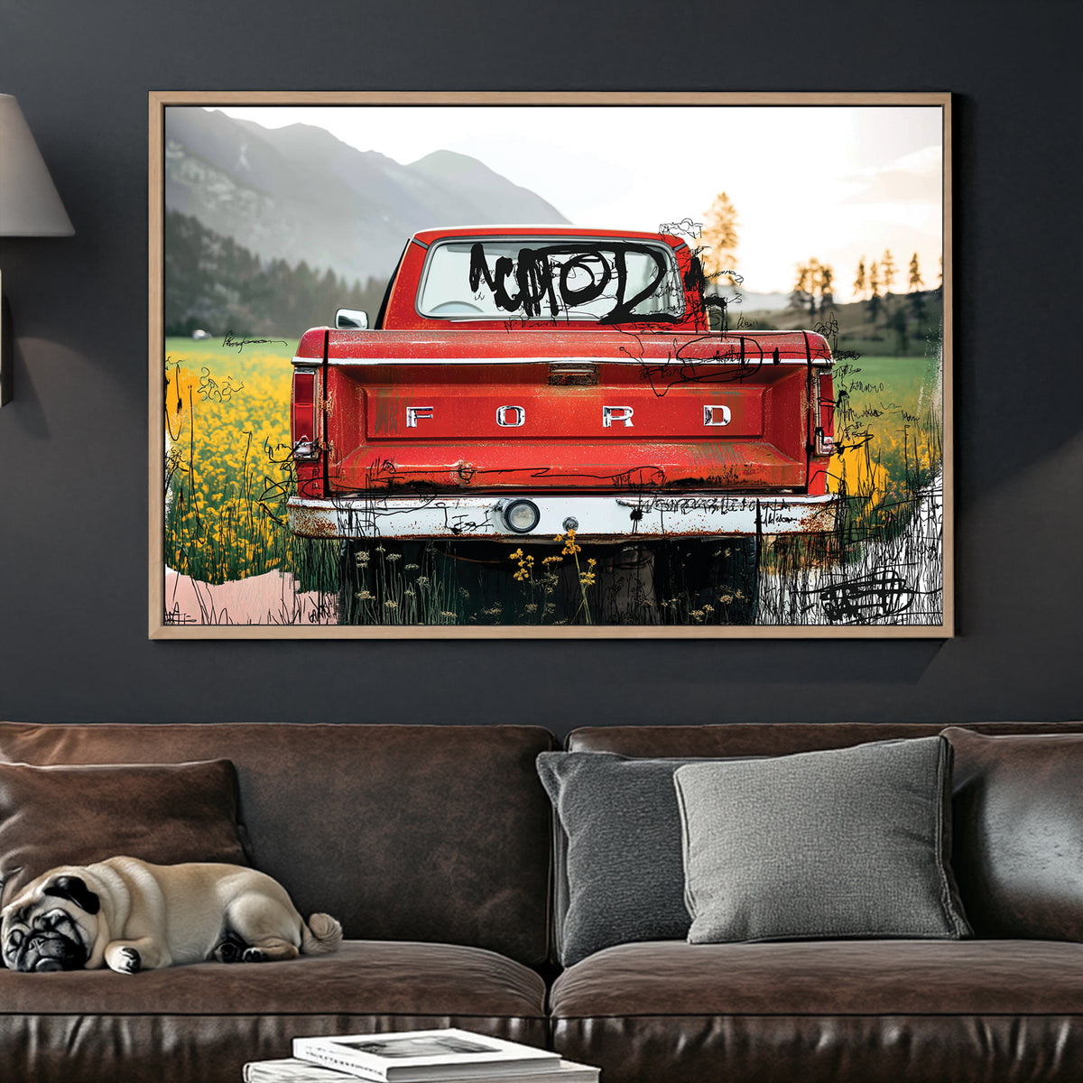 red Ford truck in countryside with graffiti overlay and fall tones