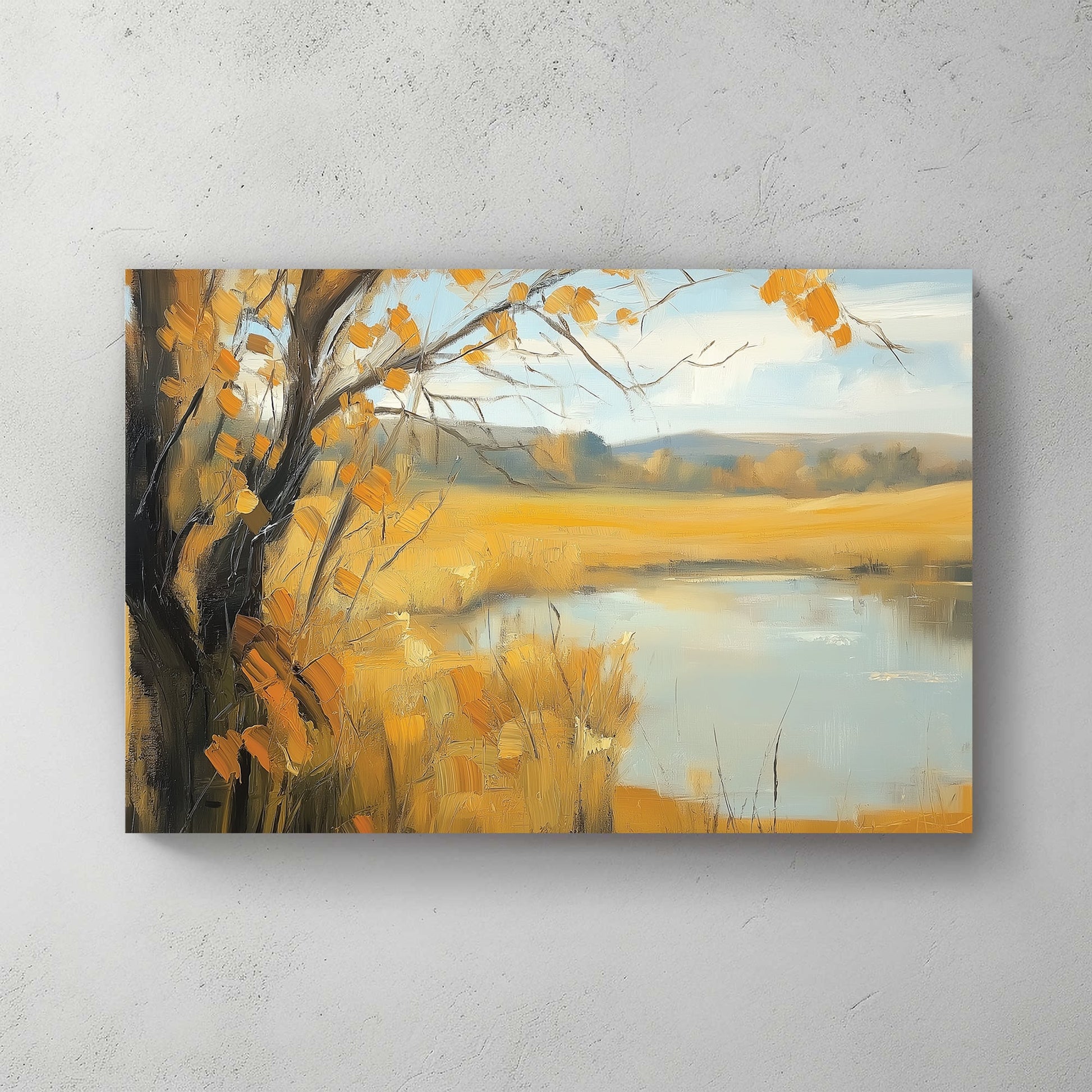 autumn landscape with golden fields and calm water in oil painting style