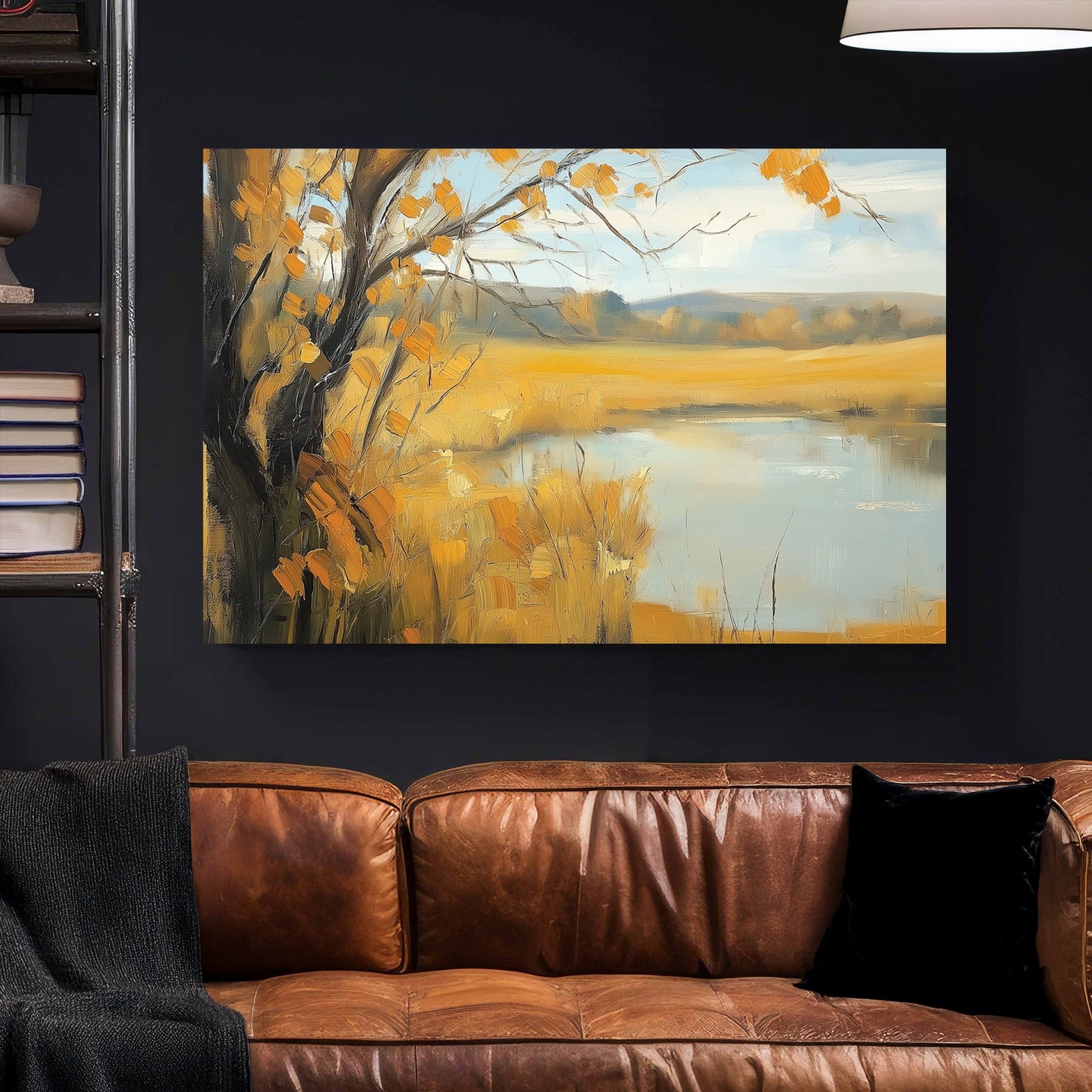 autumn landscape with golden fields and calm water in oil painting style