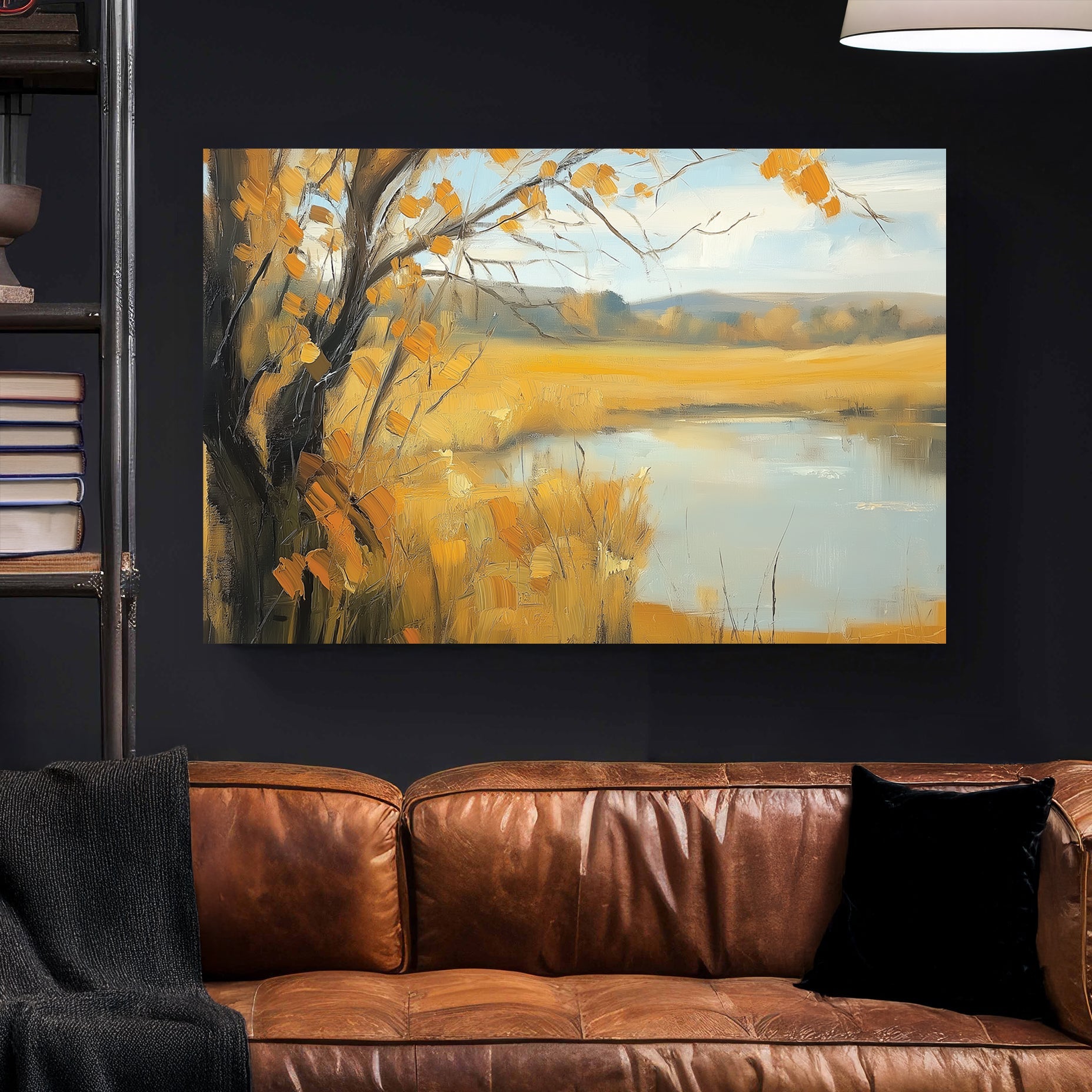 autumn landscape with golden fields and calm water in oil painting style