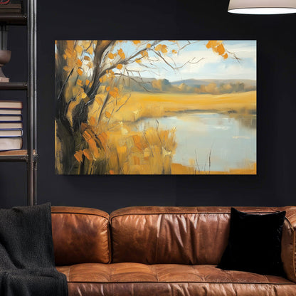 autumn landscape with golden fields and calm water in oil painting style
