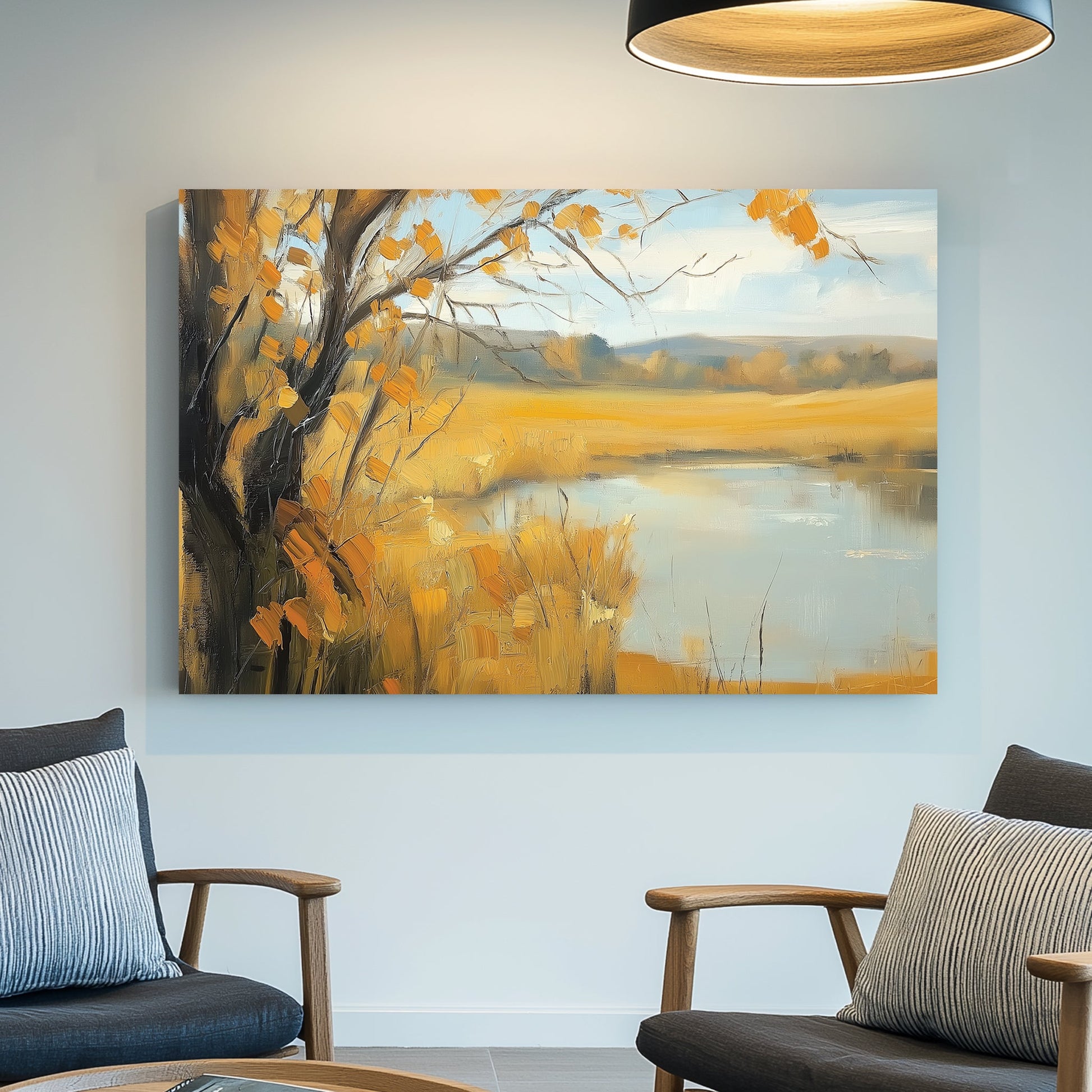 autumn landscape with golden fields and calm water in oil painting style