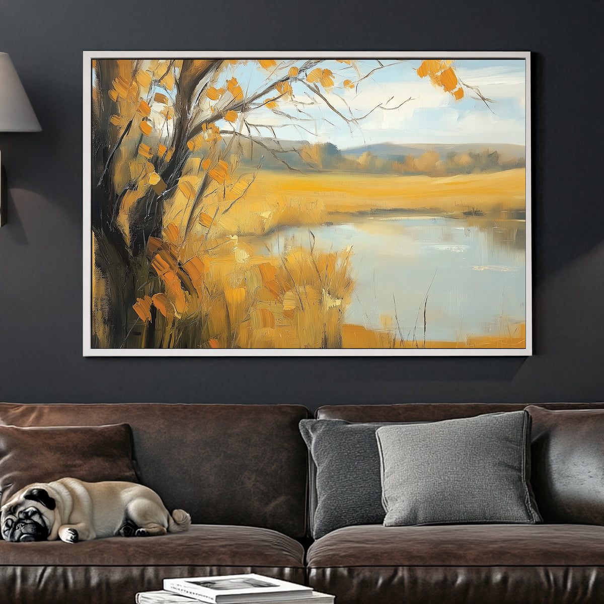 autumn landscape with golden fields and calm water in oil painting style