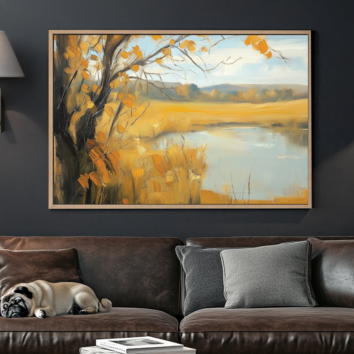 autumn landscape with golden fields and calm water in oil painting style