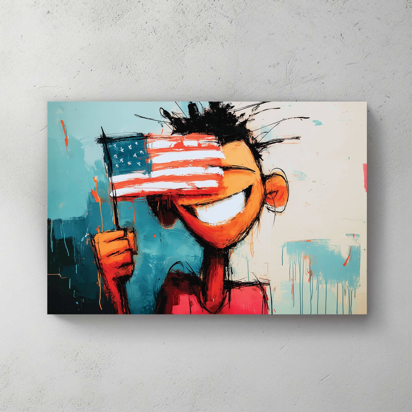 graffiti-style cartoon figure holding American flag with bold smile and abstract background
